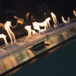 The Flames In Electric Fireplace Close-up. Interior
